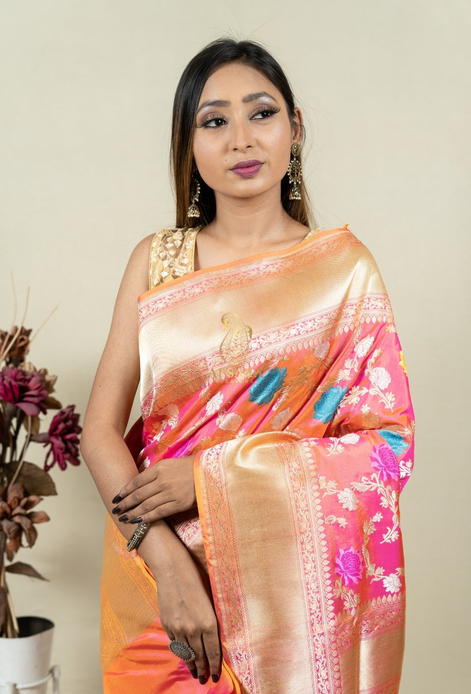 Pure Handloom Banarasi Katan Silk Jangla with Mina Work Saree