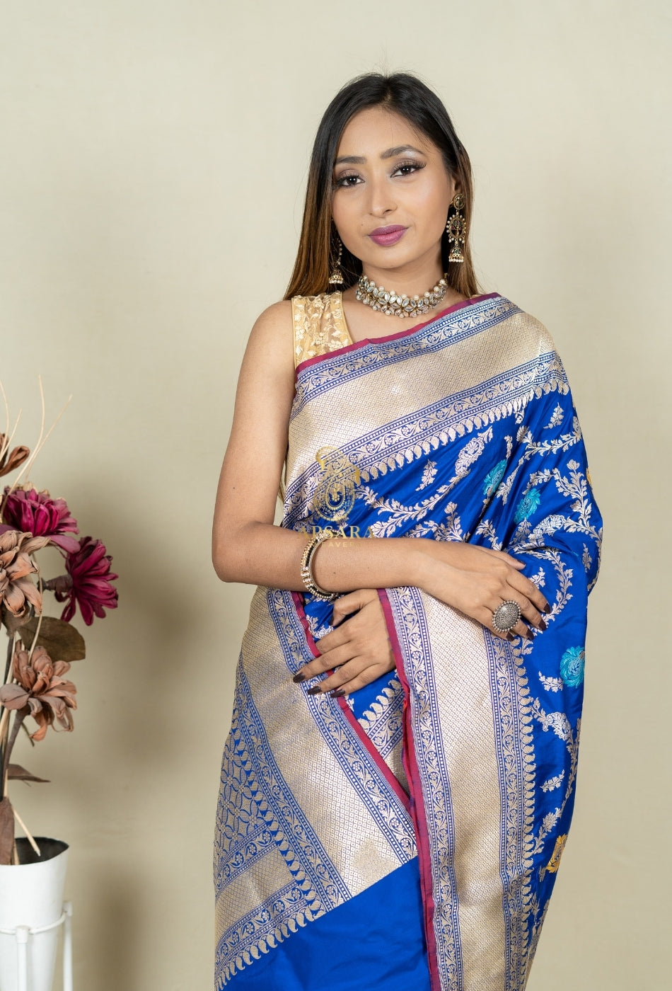 Pure Handloom Banarasi Katan Silk Jangla with Mina Work Saree