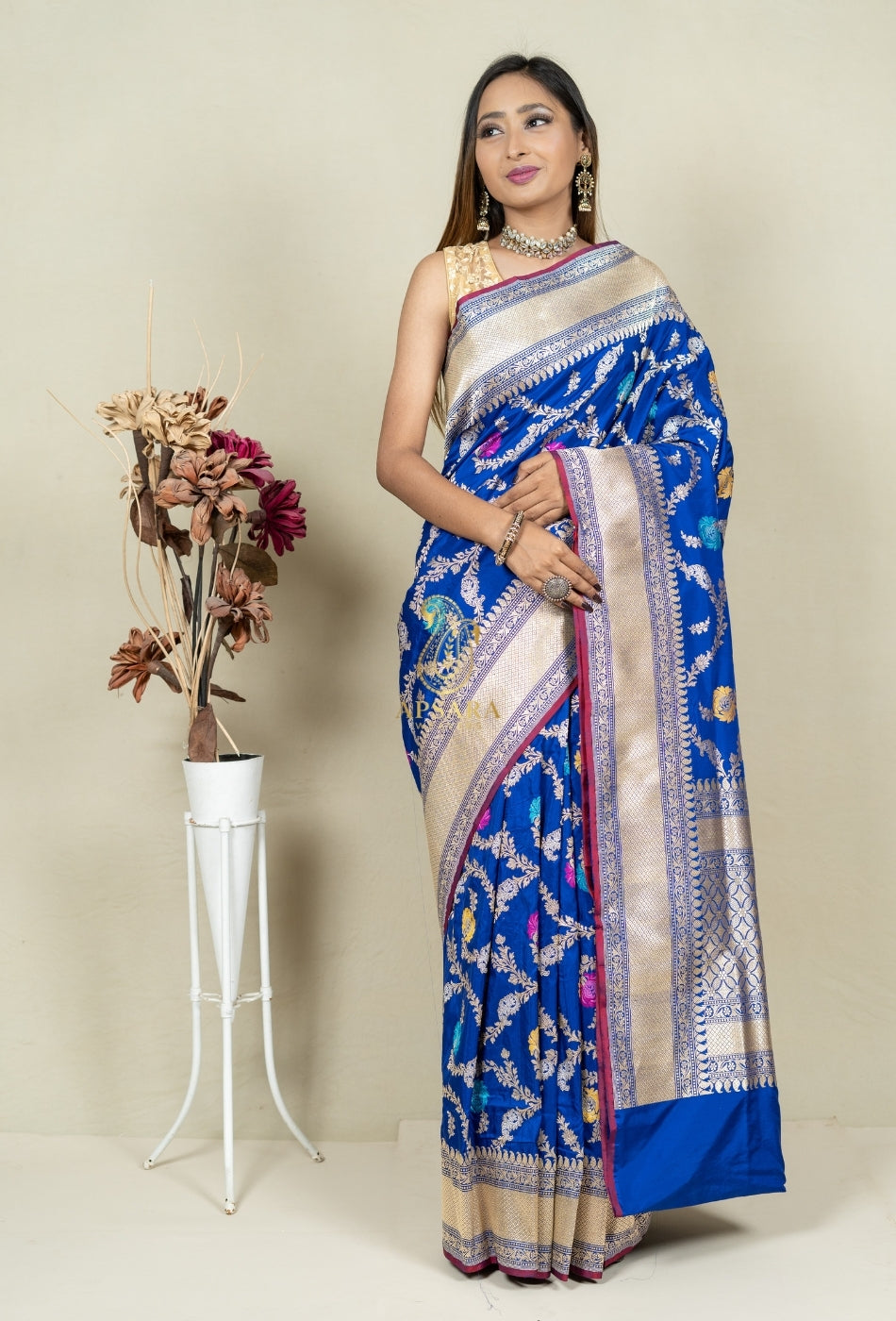 Pure Handloom Banarasi Katan Silk Jangla with Mina Work Saree
