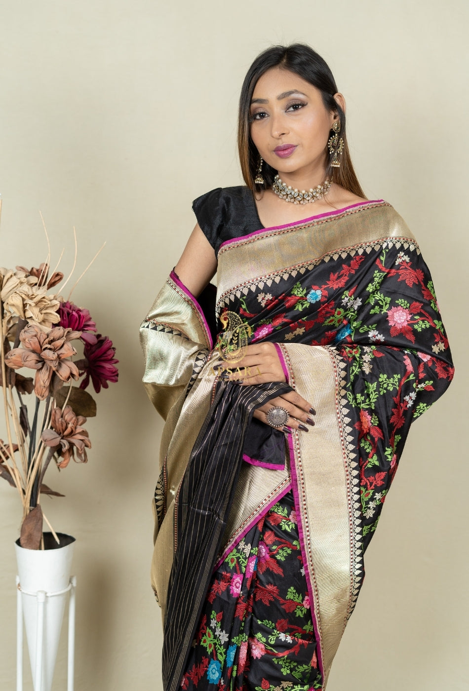 Pure Handloom Banarasi Katan Silk Jangla with Mina Work Saree