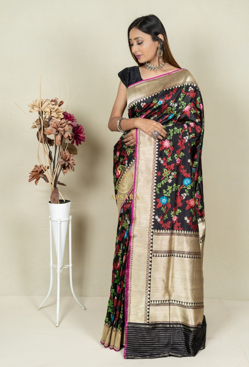Pure Handloom Banarasi Katan Silk Jangla with Mina Work Saree