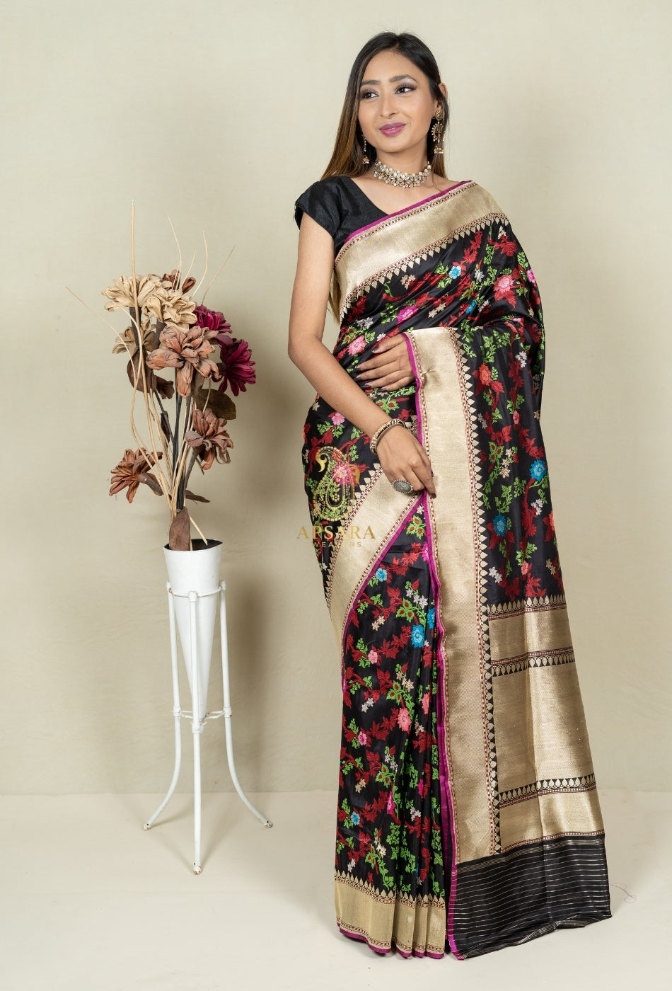 Pure Handloom Banarasi Katan Silk Jangla with Mina Work Saree