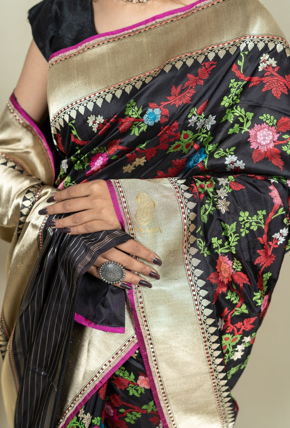 Pure Handloom Banarasi Katan Silk Jangla with Mina Work Saree