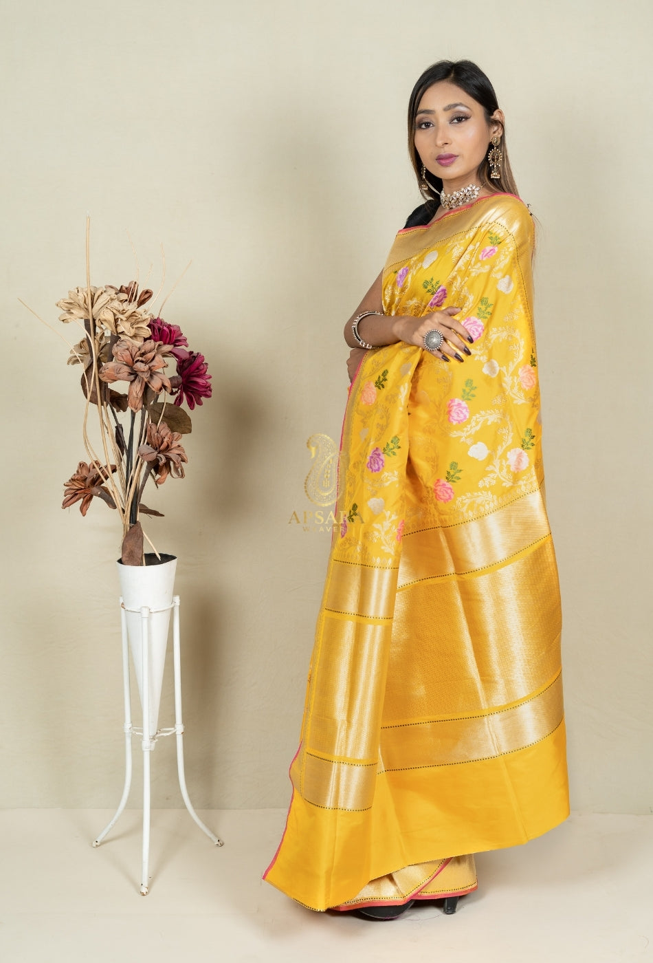 Pure Handloom Banarasi Katan Silk Jangla with Mina Work Saree