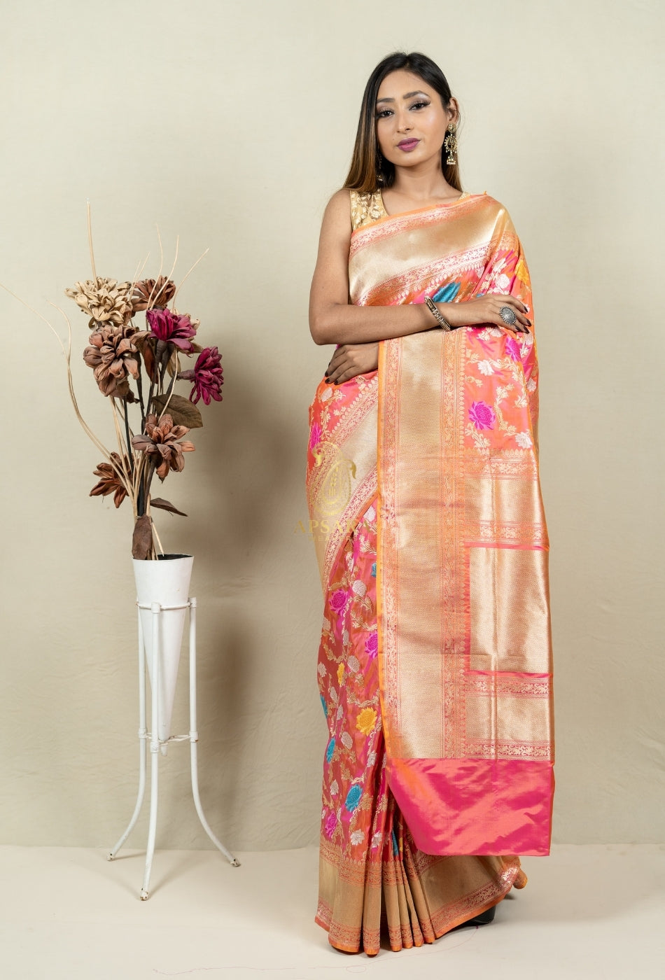Pure Handloom Banarasi Katan Silk Jangla with Mina Work Saree