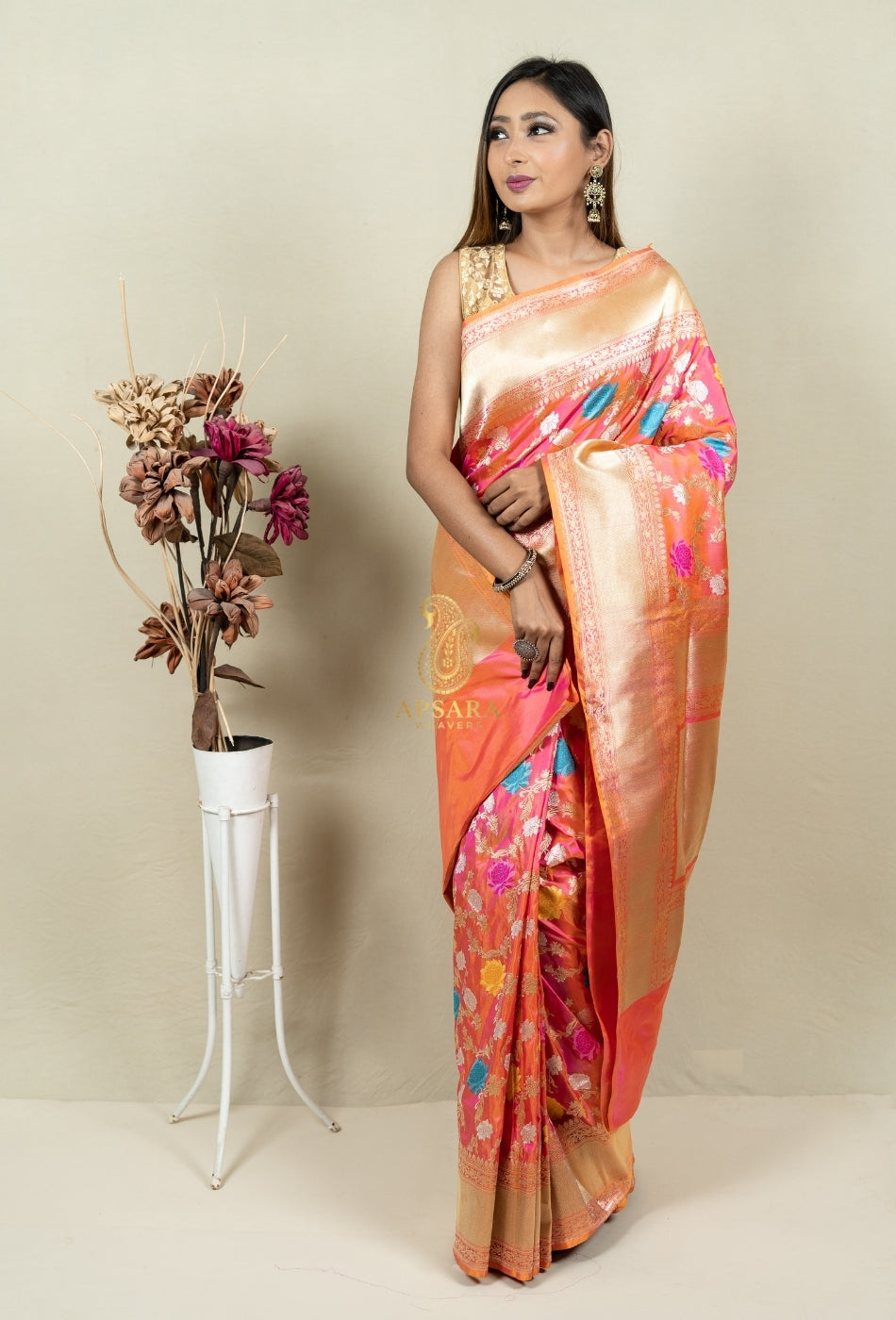 Pure Handloom Banarasi Katan Silk Jangla with Mina Work Saree
